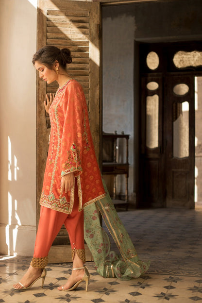 Coral Zari Cotton Net Kurta And Panwar with Dupatta