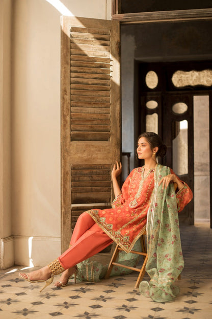 Coral Zari Cotton Net Kurta And Panwar with Dupatta