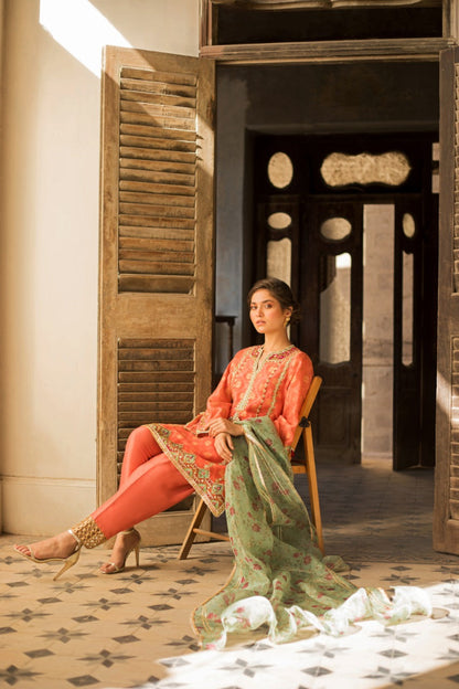 Coral Zari Cotton Net Kurta And Panwar with Dupatta