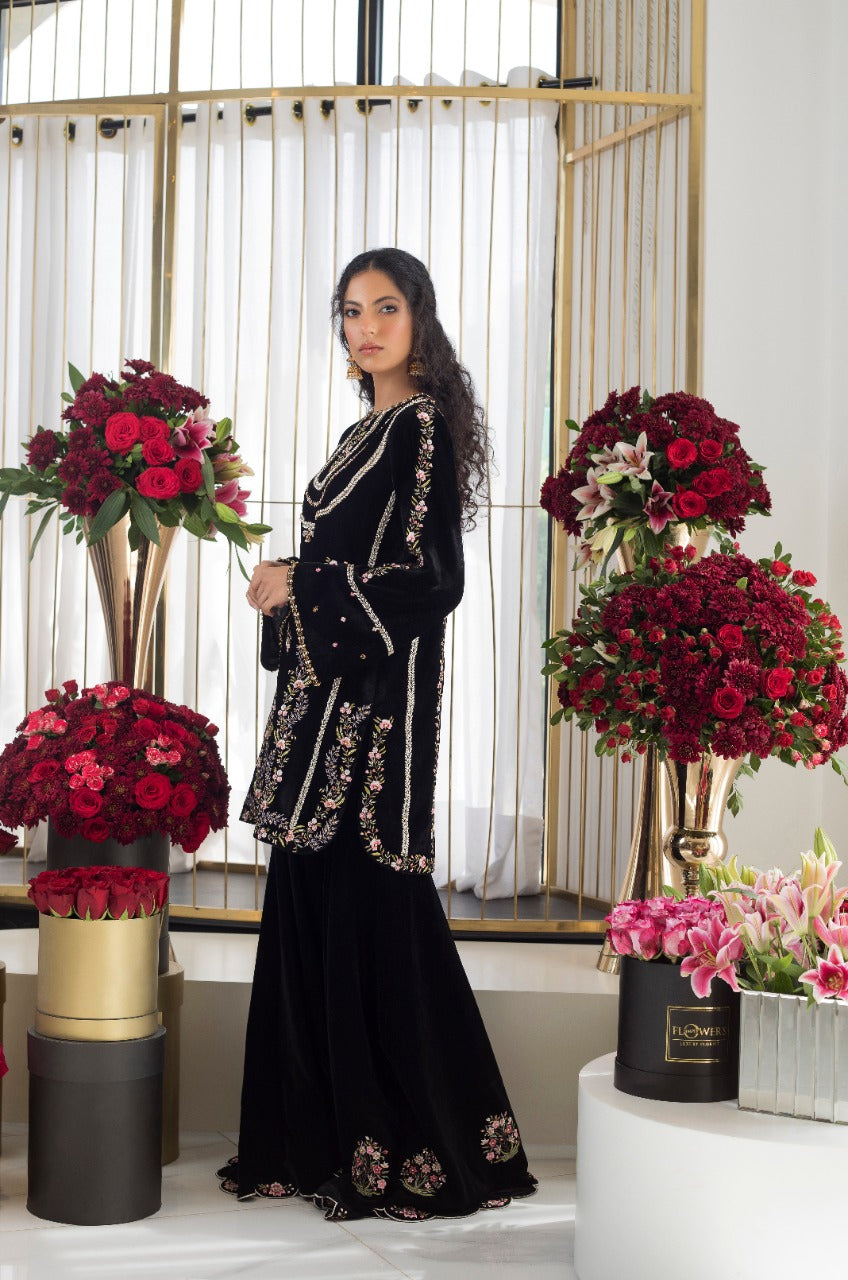 Black Velvet Kurta with Velvet Gharara