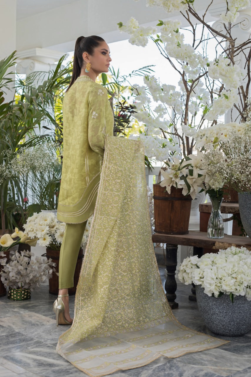 Zari Embroidered Cotton Net Kurta And Trouser with Dupatta