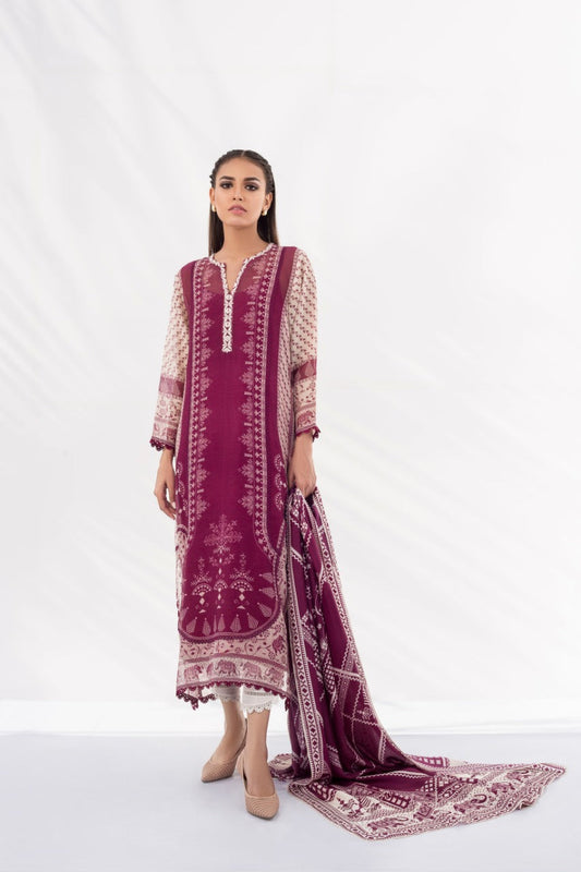 Boysenberry Cotton Net Shirt And Raw Silk Crop Trouser with Dupatta