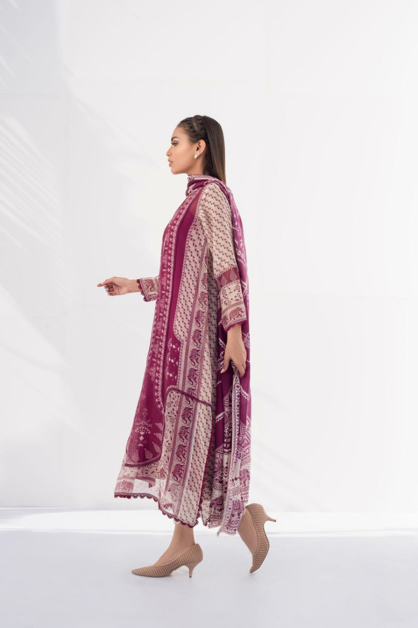 Boysenberry Cotton Net Shirt And Raw Silk Crop Trouser with Dupatta