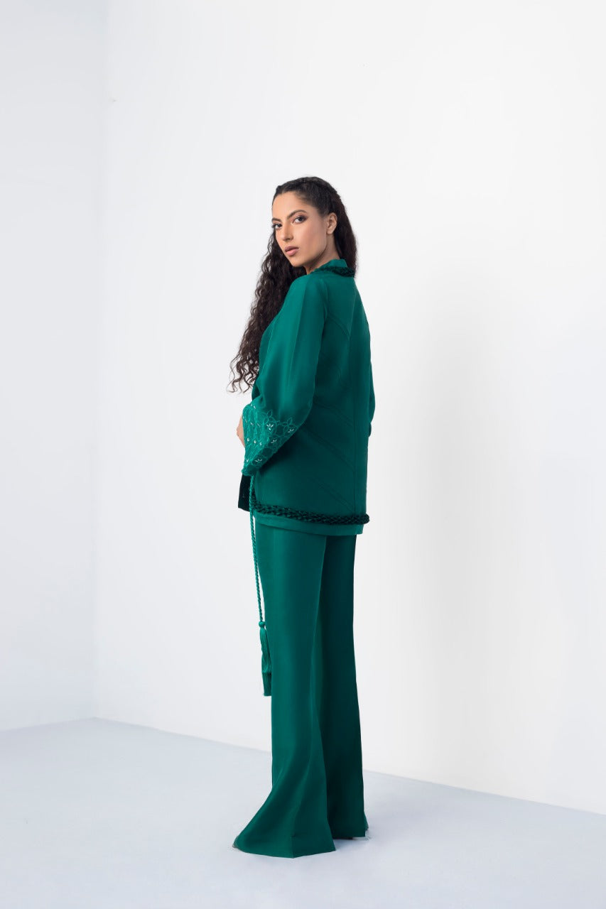 Overlap Jacket With Pleated Ruffle Detailing And Bootcut Trouser