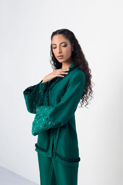 Overlap Jacket With Pleated Ruffle Detailing And Bootcut Trouser