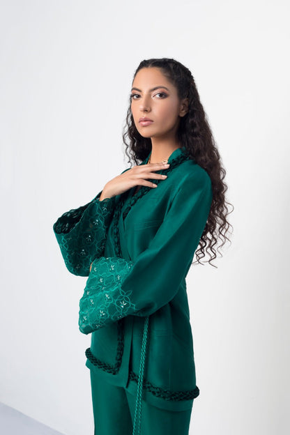 Overlap Jacket With Pleated Ruffle Detailing And Bootcut Trouser