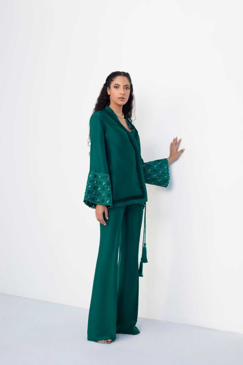 Overlap Jacket With Pleated Ruffle Detailing And Bootcut Trouser