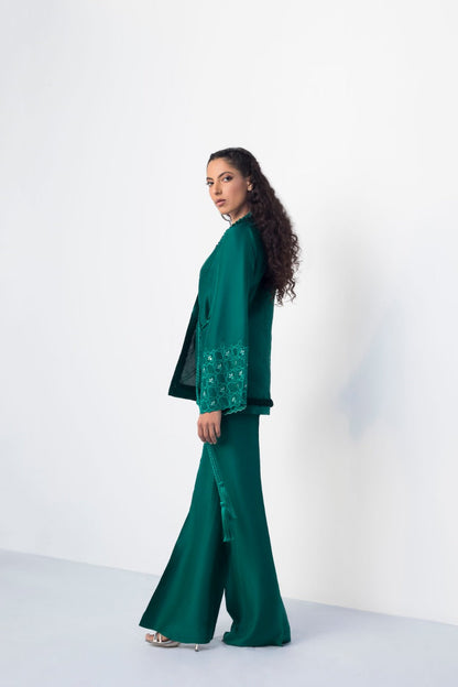 Overlap Jacket With Pleated Ruffle Detailing And Bootcut Trouser