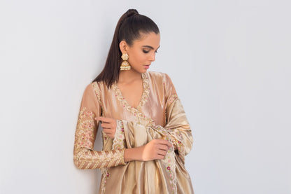 Tissue Embellished Rose Gold Peshwas