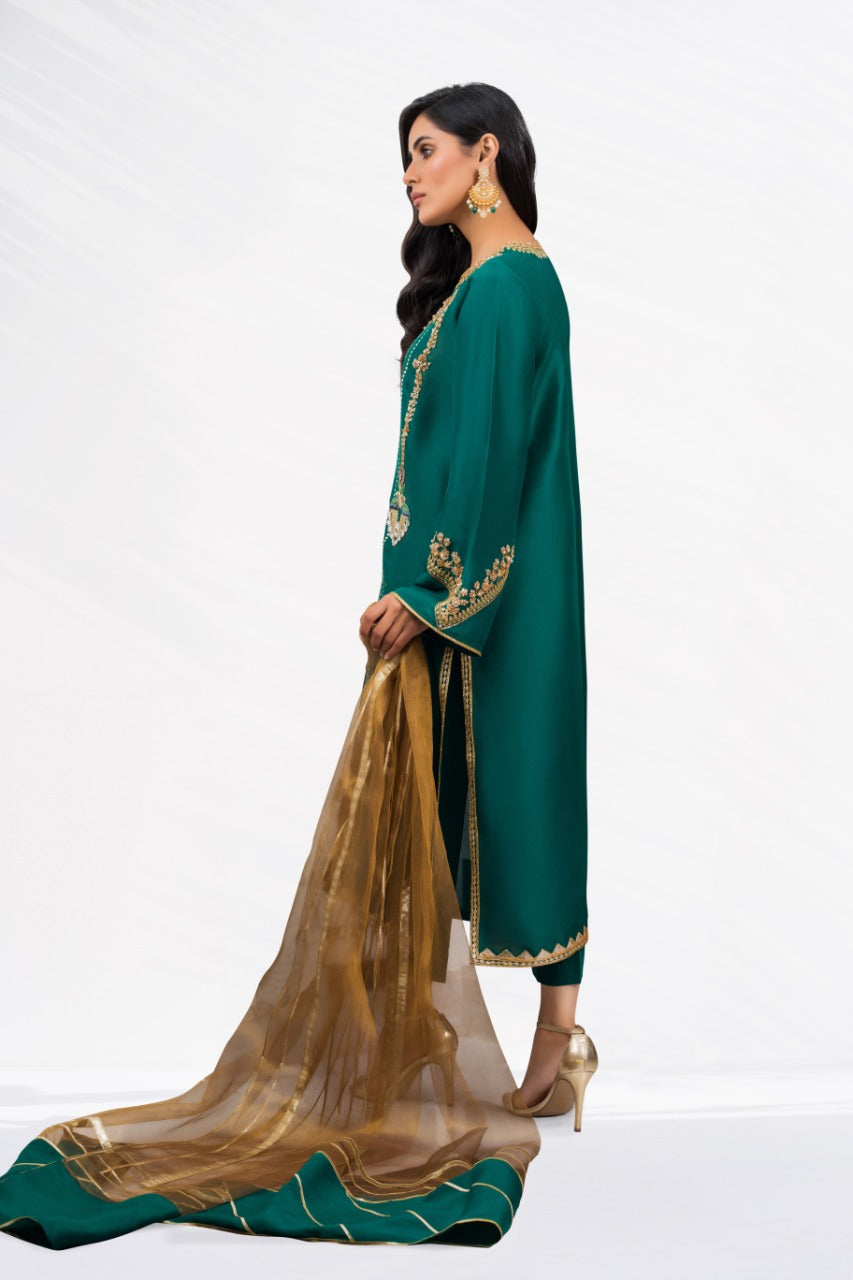 Raw Silk Zardos worked Shirt, trousers And Dupatta