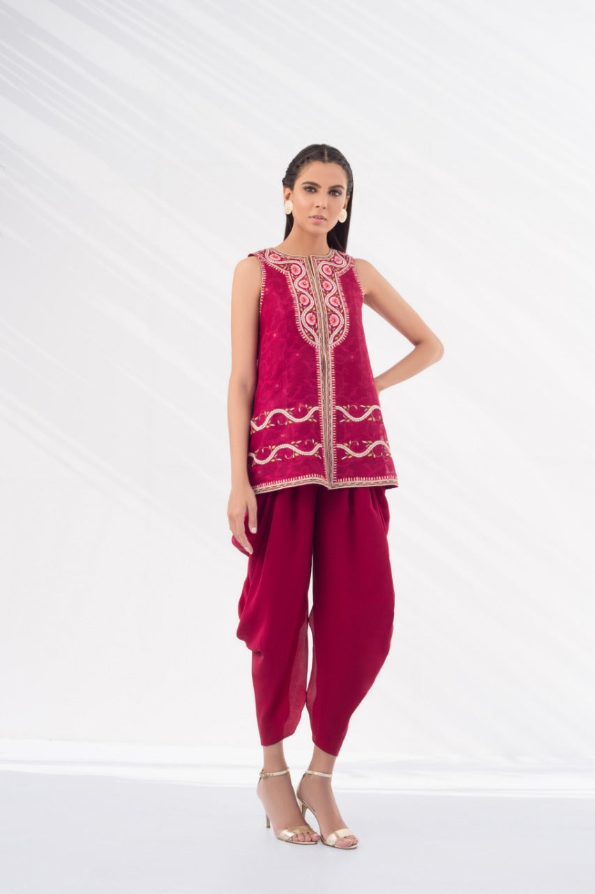 Embroidered Cotton Net Front Open Shirt With Draped Shalwar