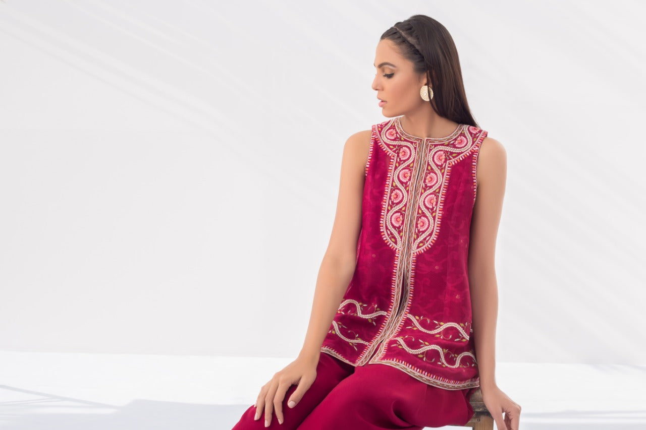 Embroidered Cotton Net Front Open Shirt With Draped Shalwar