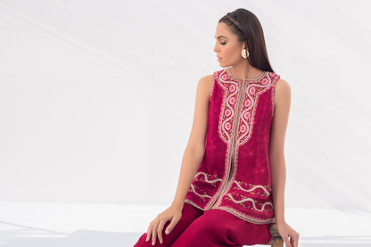 Embroidered Cotton Net Front Open Shirt With Draped Shalwar