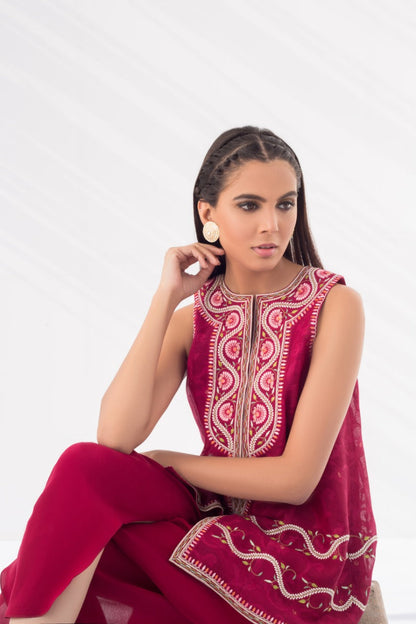 Embroidered Cotton Net Front Open Shirt With Draped Shalwar