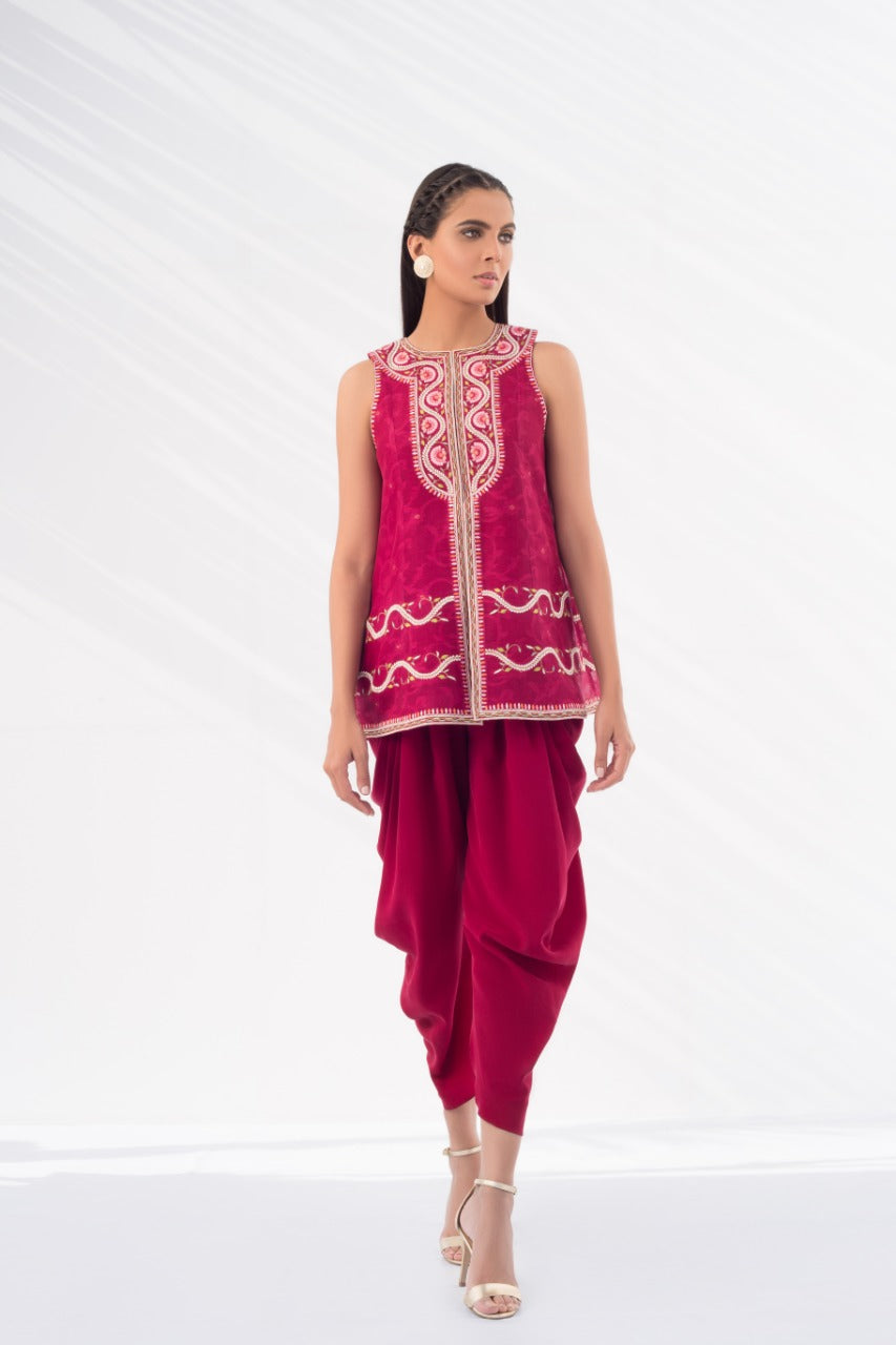 Embroidered Cotton Net Front Open Shirt With Draped Shalwar