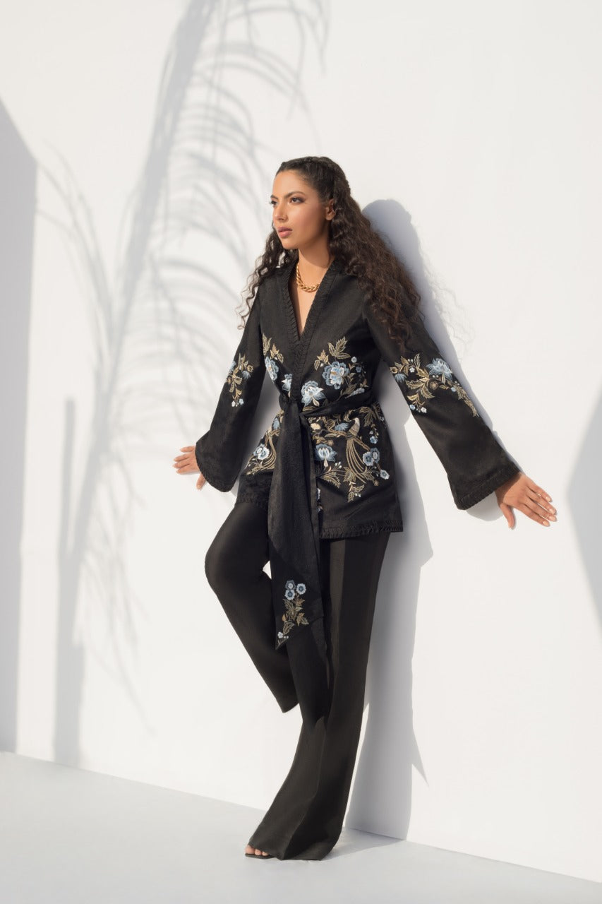 Floral Embroidered Jamawar Kimono Jacket With Bootcut Trouser