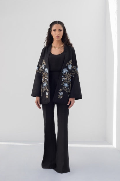 Floral Embroidered Jamawar Kimono Jacket With Bootcut Trouser