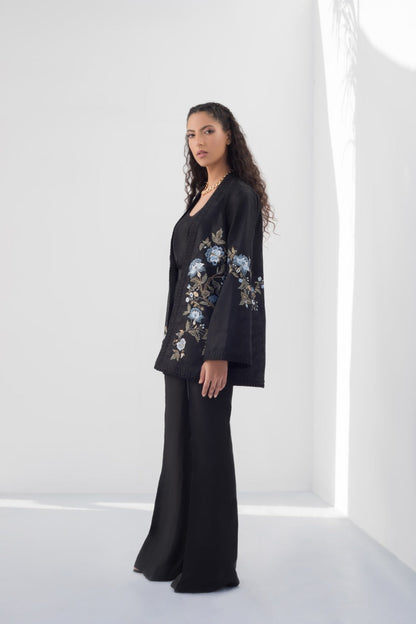 Floral Embroidered Jamawar Kimono Jacket With Bootcut Trouser