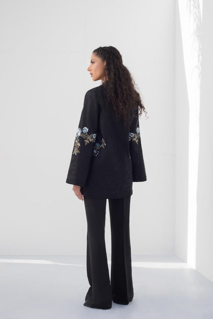 Floral Embroidered Jamawar Kimono Jacket With Bootcut Trouser