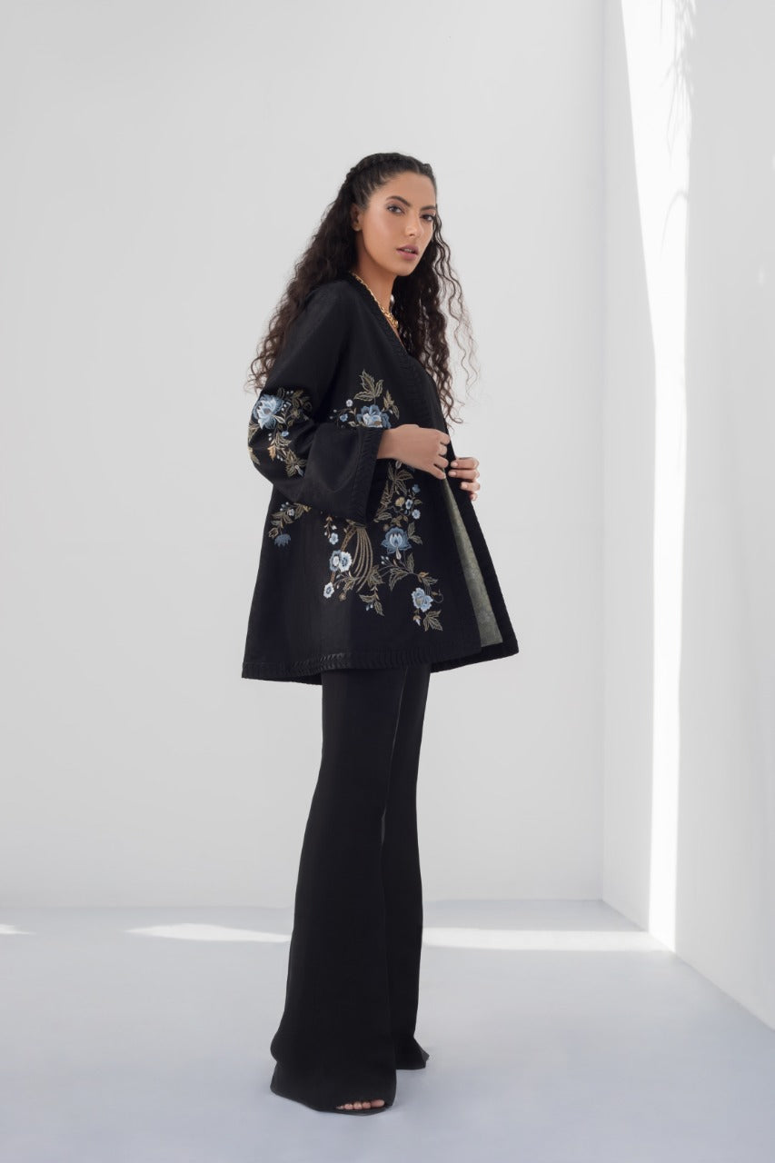 Floral Embroidered Jamawar Kimono Jacket With Bootcut Trouser