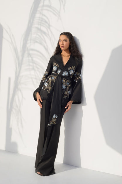 Floral Embroidered Jamawar Kimono Jacket With Bootcut Trouser