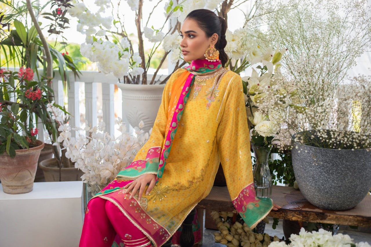 Hand Embellished Cotton Net Printed Kurta And Panwaar with Dupatta