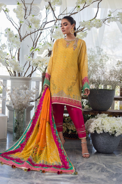 Hand Embellished Cotton Net Printed Kurta And Panwaar with Dupatta