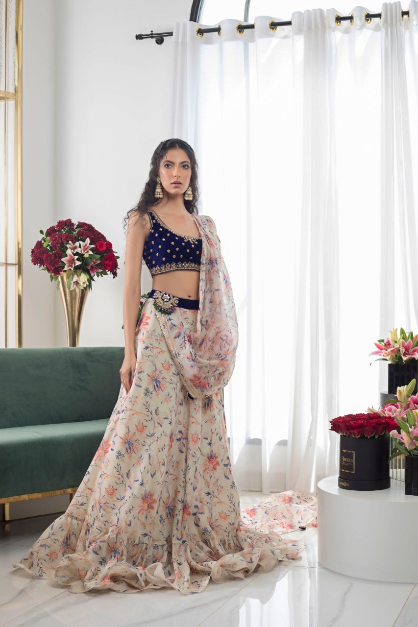 Cobalt Velvet Choli And Lehnga