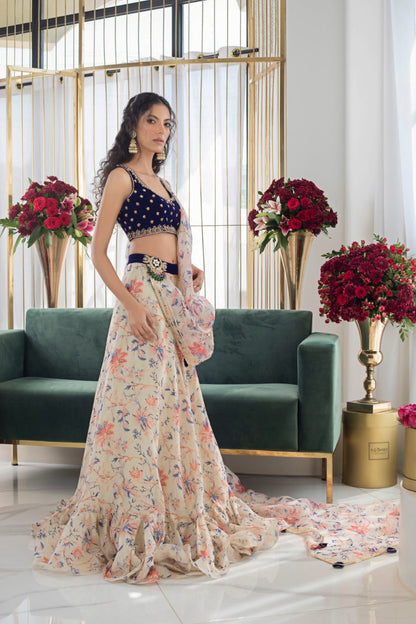 Cobalt Velvet Choli And Lehnga