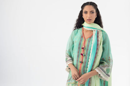 Cotton Net Open Shirt And Crop Trousers with Dupatta