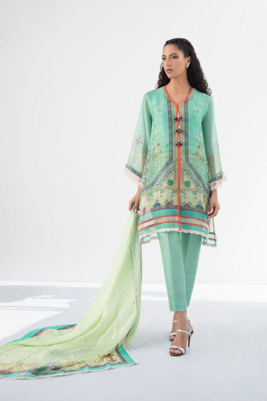 Cotton Net Open Shirt And Crop Trousers with Dupatta