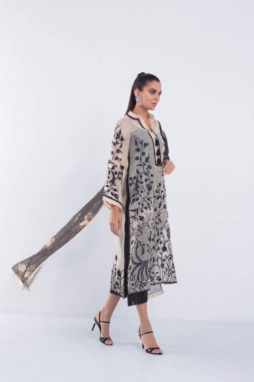 Embroidered Beige Organza Kurta And Izaar with Dupatta