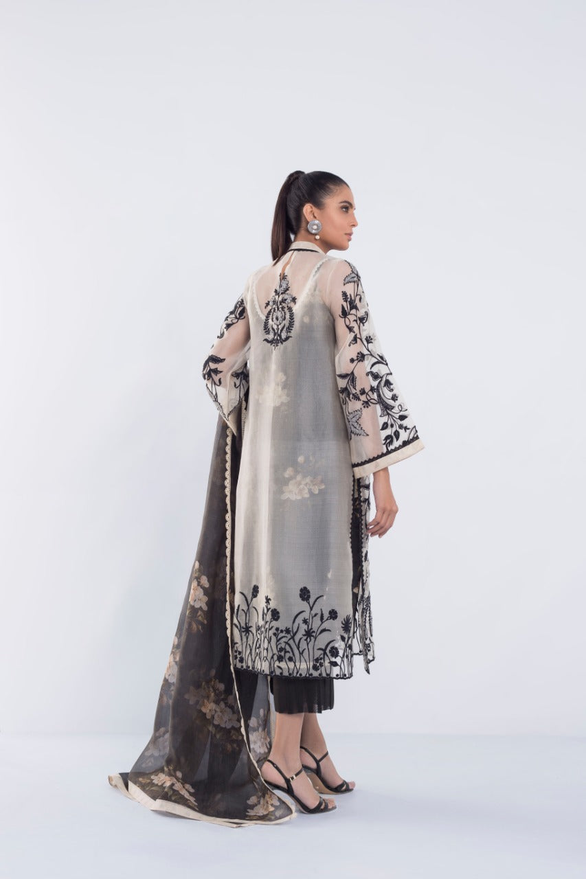 Embroidered Beige Organza Kurta And Izaar with Dupatta