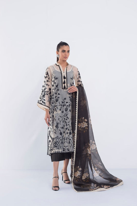 Embroidered Beige Organza Kurta And Izaar with Dupatta