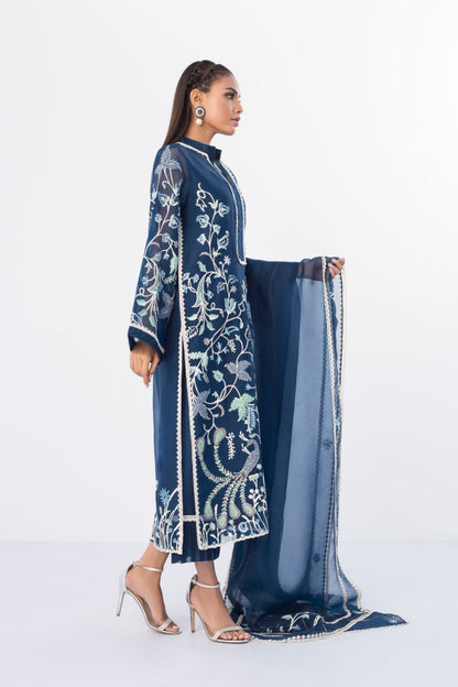 Embroidered Navy Organza Kurta And Izaar with Dupatta