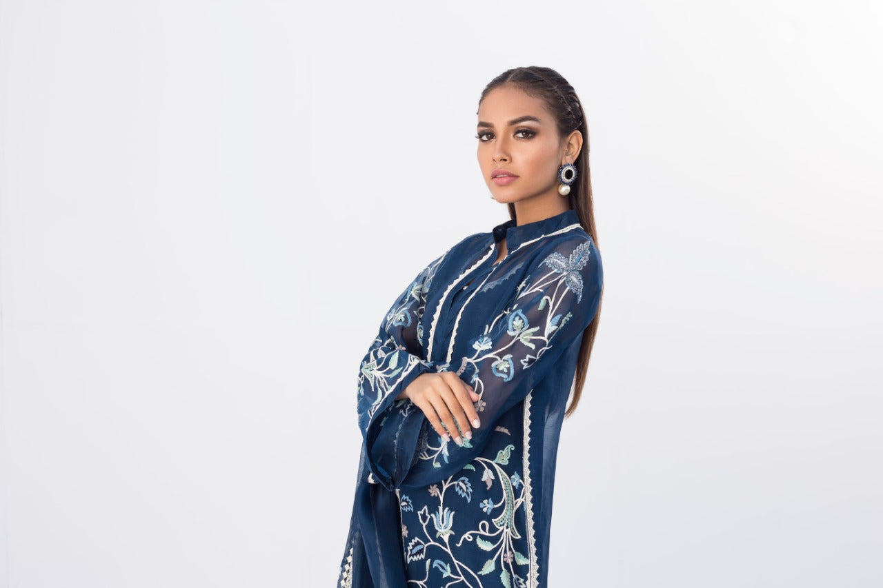 Embroidered Navy Organza Kurta And Izaar with Dupatta