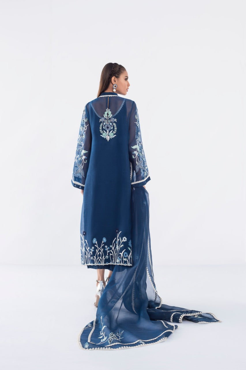 Embroidered Navy Organza Kurta And Izaar with Dupatta