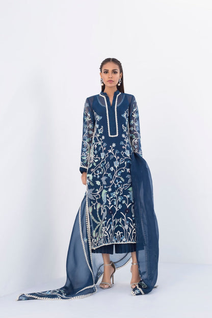 Embroidered Navy Organza Kurta And Izaar with Dupatta