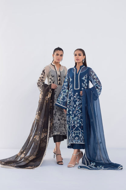 Embroidered Navy Organza Kurta And Izaar with Dupatta