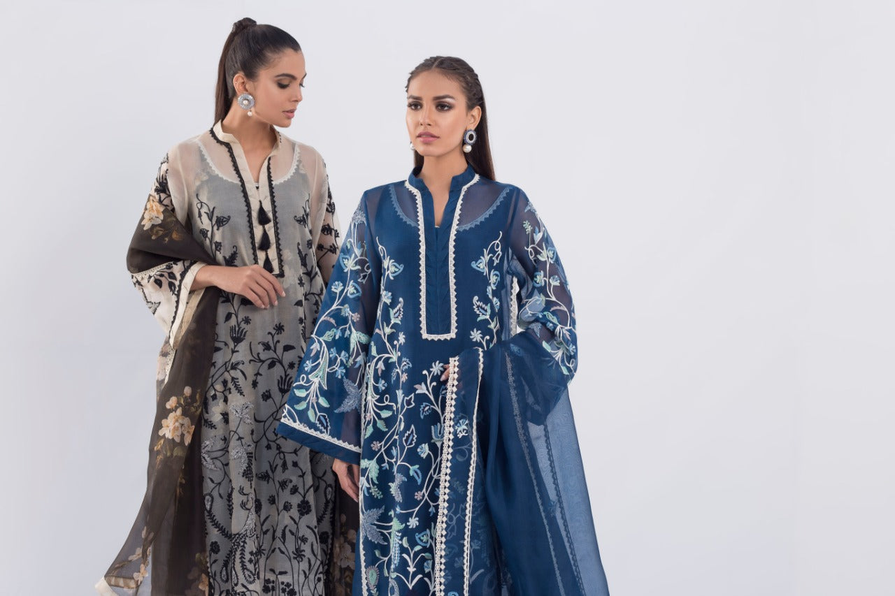 Embroidered Navy Organza Kurta And Izaar with Dupatta