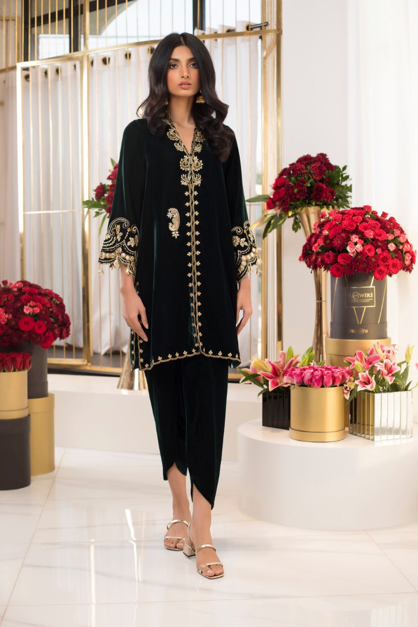 Emerald Front Open Kurta with Shalwar