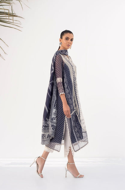 Prussian Blue Cotton Net Shirt And Raw Silk Trouser with Dupatta