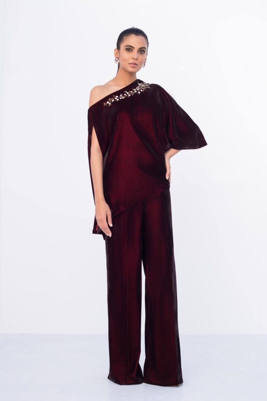 Deep Mahogany Velvet Off Shoulder Top With Bootcut Trouser