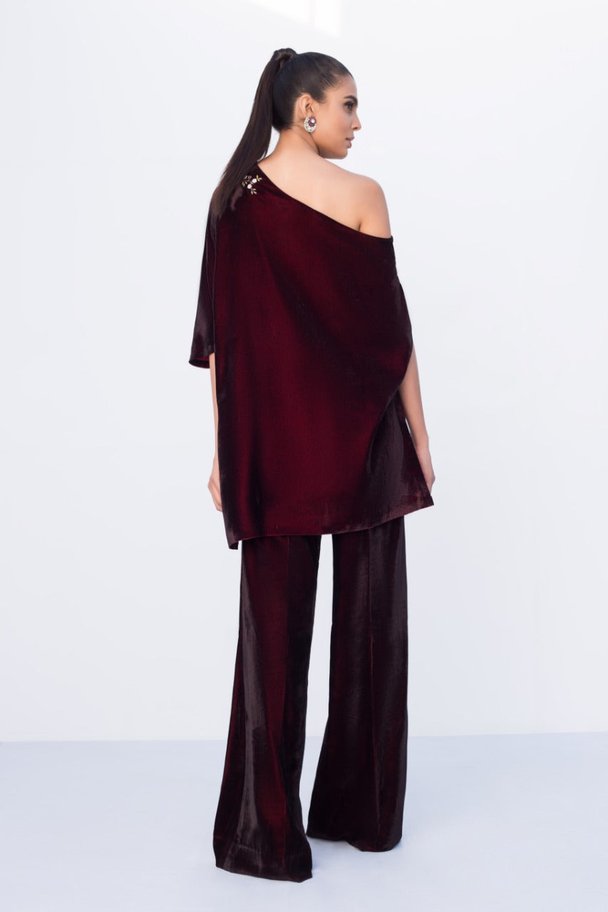 Deep Mahogany Velvet Off Shoulder Top With Bootcut Trouser