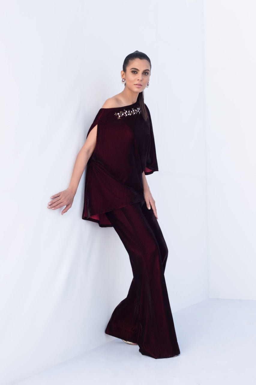 Deep Mahogany Velvet Off Shoulder Top With Bootcut Trouser