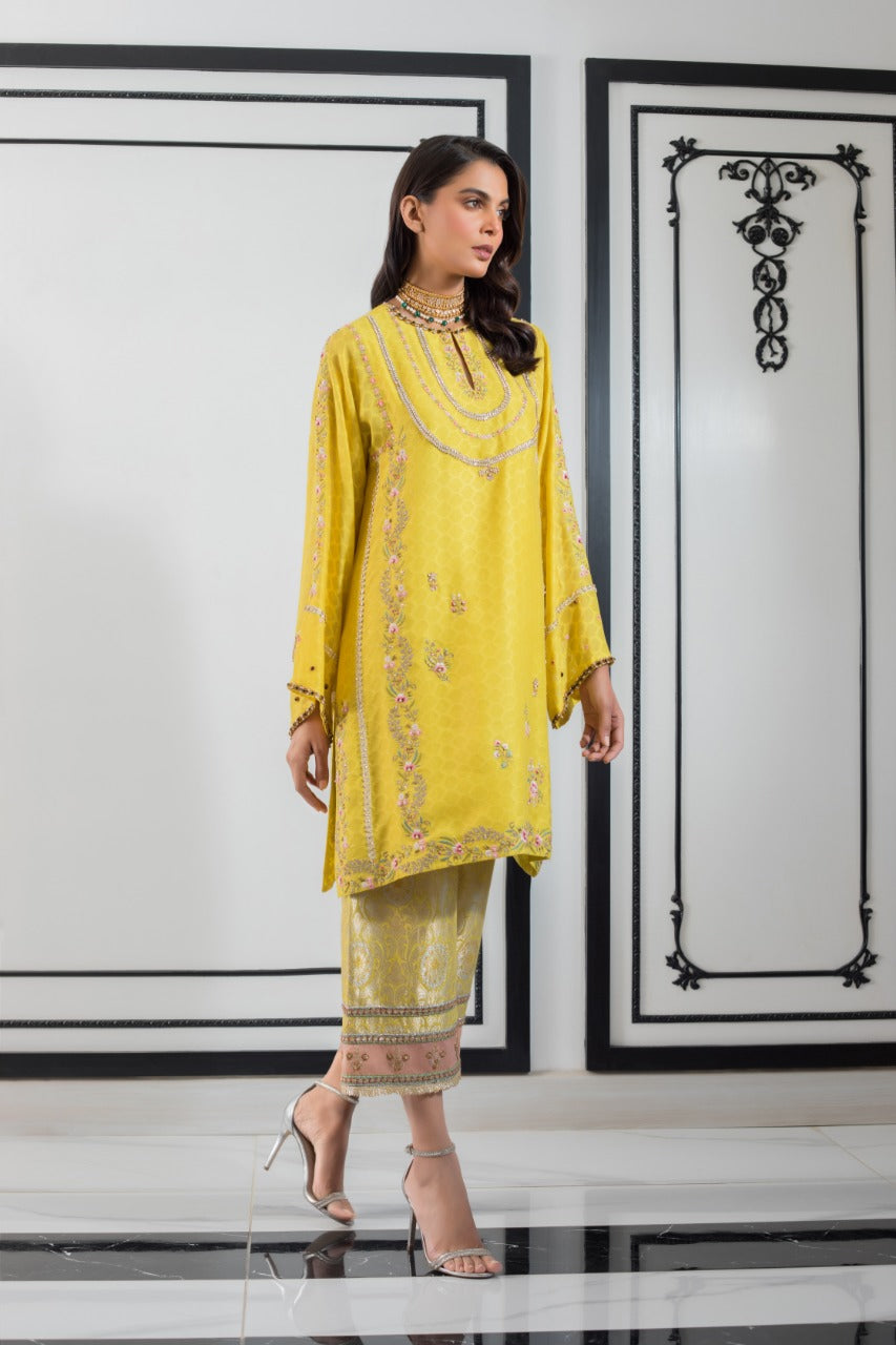 Yellow Cotton Net Kurta