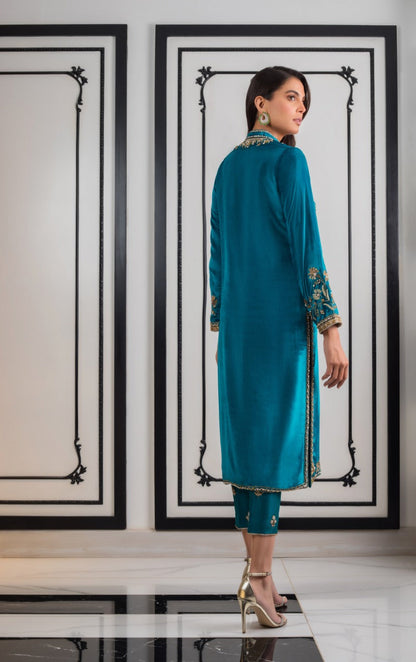 Teal Velvet Kurta and Trousers