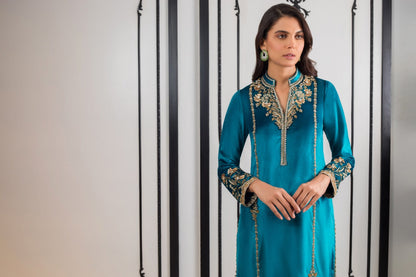 Teal Velvet Kurta and Trousers