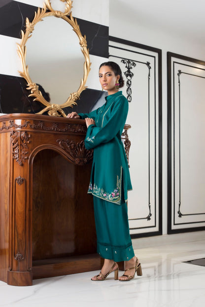 Teal Raw Silk Front Open Kurta And Culottes