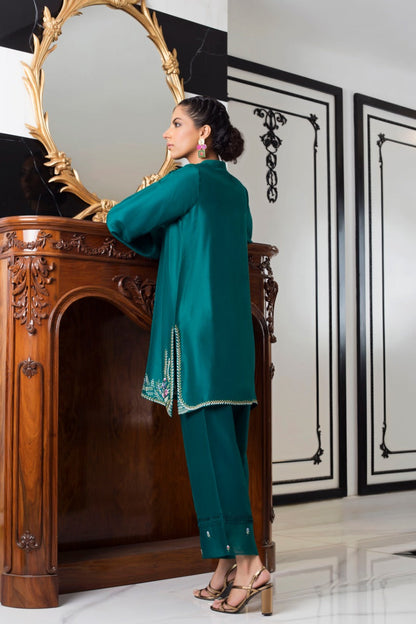 Teal Raw Silk Front Open Kurta And Culottes